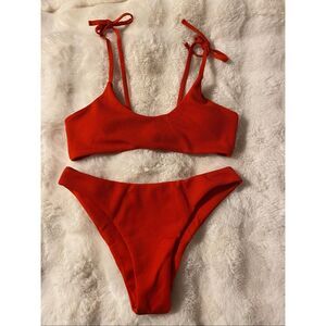 Womens Ribbed Tie-shoulder Red Bikini Swimsuit Sz Medium NWOT